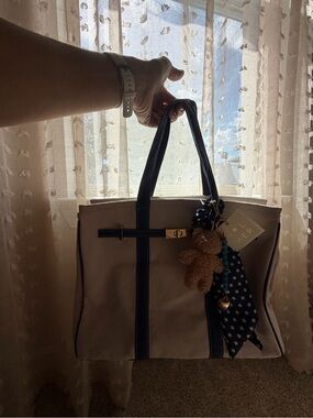 Sol and Mer Viral tote bag - Boatkin - Beige Canvas Tote with Navy Trim